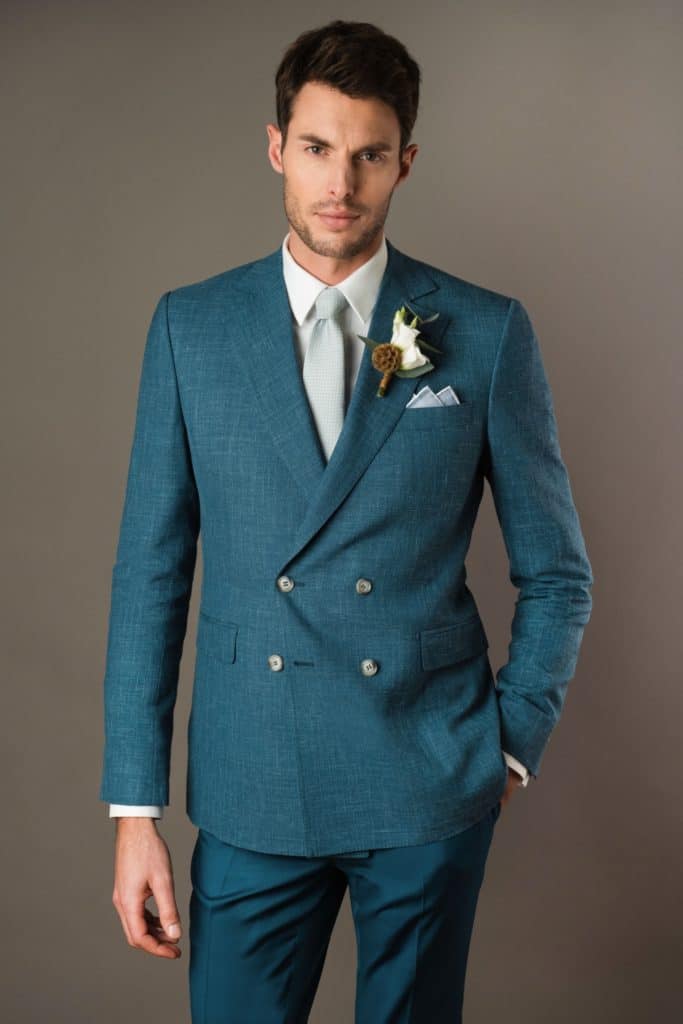 Costume croisé sur mesure bleu canard en mélange laine, soie et lin