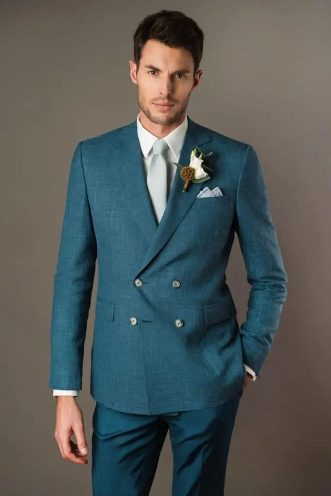 Costume croisé sur mesure bleu canard en mélange laine, soie et lin