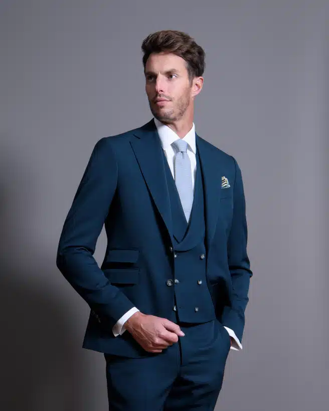 Costume 3 pièces bleu canard en gabardine de laine