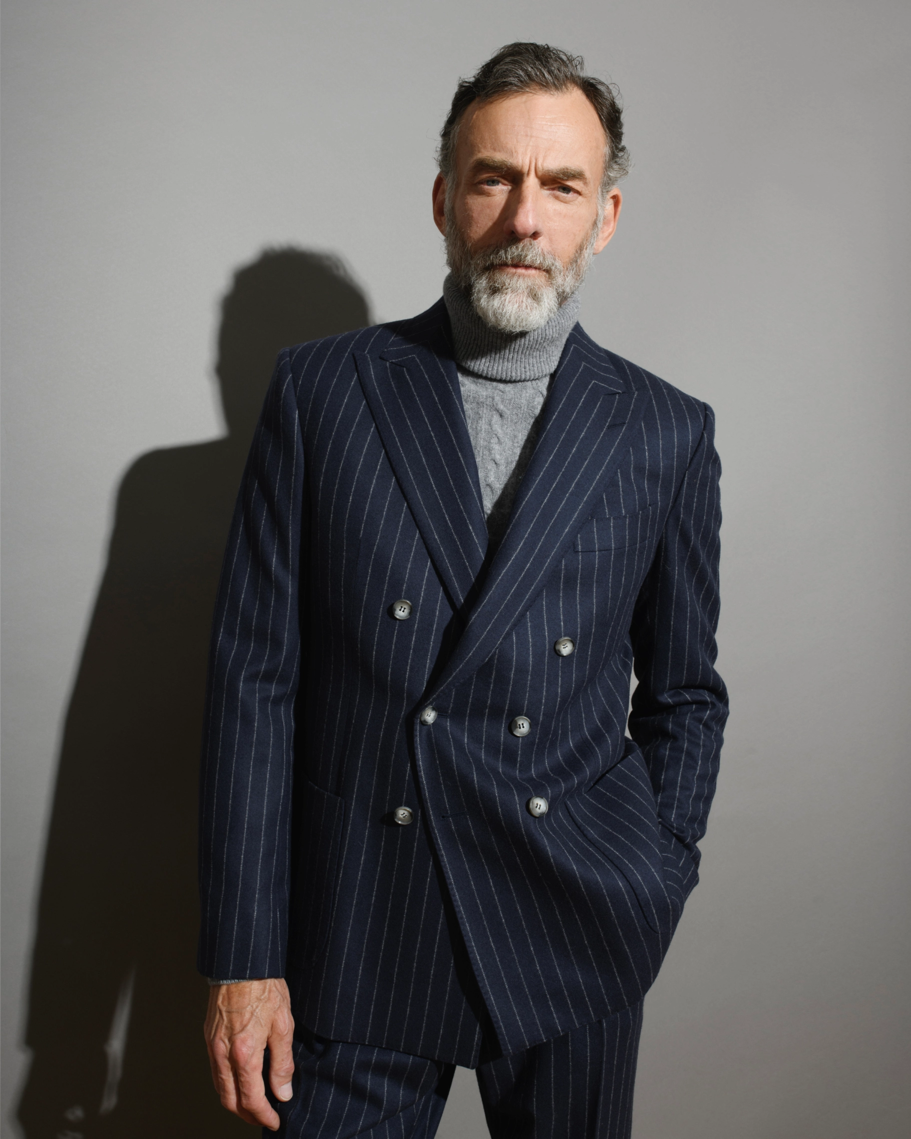 Costume croisé sur mesure rayures craie